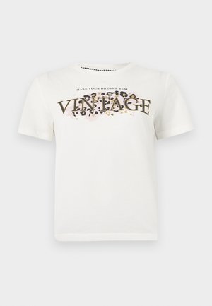 Balti trumpomis rankovėmis marškinėliai su užrašu „MAKE YOUR DREAMS REAL“ ir dideliu užrašu „VINTAGE“ ant priekio, virš leopardo rašto.