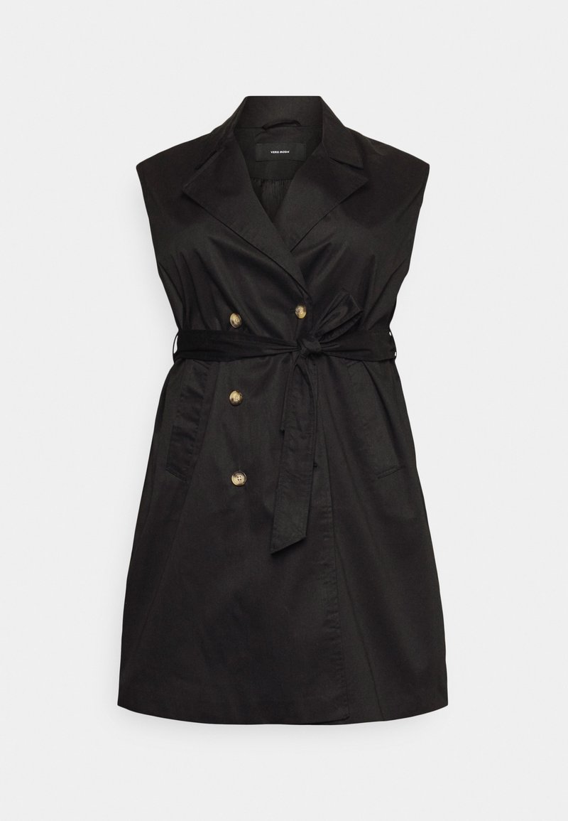 Robe noire sans manches avec un design croisé, des boutons dorés et une ceinture nouée à la taille. Fabriquée en tissu lisse avec deux poches avant.