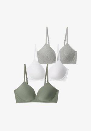 Vier naadloze bh's in olijfgroen, wit en grijs; gladde stof, verstelbare bandjes en licht gevoerde cups voor comfort.