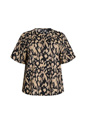Schwarz-beige Bluse mit kurzen Ärmeln, abstraktem Tierdruckmuster und Rundhalsausschnitt, locker geschnitten.