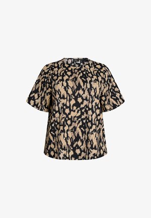 Černobéžová krátká halenka s krátkým rukávem, abstraktním zvířecím vzorem a kulatým výstřihem, volný střih.