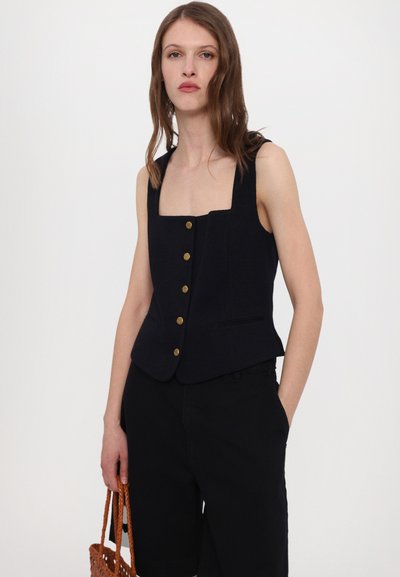 Navy vest with a square neckline and five gold buttons, featuring a tailored fit, no sleeves, and two side pockets. Paired with black shorts.