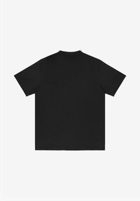 Czarny krótki rękaw t-shirt z okrągłym dekoltem. Wykonany z gładkiego materiału, charakteryzujący się jednolitym wzorem bez widocznych grafik czy metek.