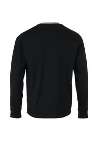 Zwart longsleeve shirt gemaakt van katoen, met een ronde halslijn met witte accenten en aansluitende manchetten. Gladde textuur met minimalistisch ontwerp.