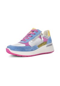 Multicolored sneaker with a mix of blue suede, white leather, and green accents. Features pink sole, purple laces, and side zipper.