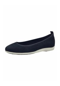 Navy blue suede ballet flats with a rounded toe, low white rubber sole, and a small rear pull tab for easy wear. Smooth texture.