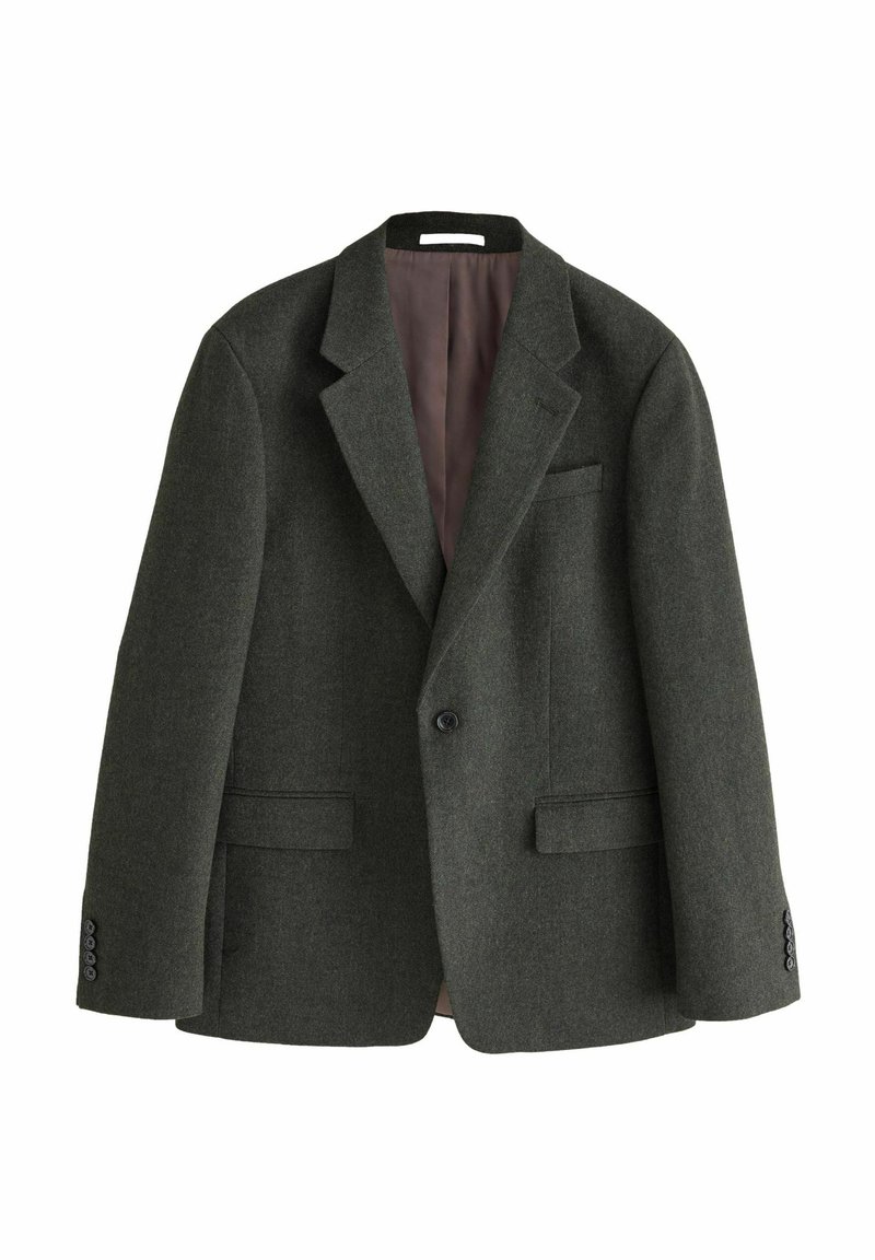 Mørkegrøn uld-blandet blazer med strukturerede skuldre, notch-krave, to frontlommer og en enkelt knaplukning. Foret indre.