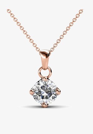 Roségouden ketting met een ronde, heldere diamant hanger, vastgehouden door vier klauwen, die schittering en helderheid uitstralen.