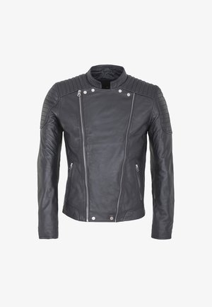 Veste de biker en cuir noir avec un design ajusté, accents matelassés aux épaules, double fermeture éclair à l'avant et deux poches latérales.