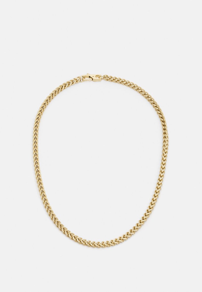 Gold chain necklace featuring interlocking flat links, a smooth texture, and a secure clasp for closure.
