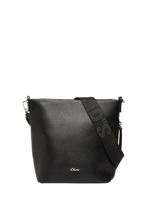 Black textured leather crossbody bag with wide adjustable strap featuring embossed brand name and small metallic logo on front center.