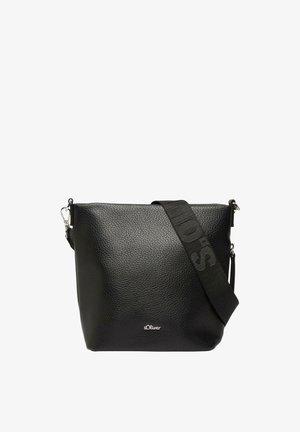 Black textured leather crossbody bag with wide adjustable strap featuring embossed brand name and small metallic logo on front center.