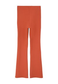 Flared leggings in een roestkleur, gemaakt van zachte, rekbare stof met een gladde textuur en een hoge, elastische tailleband voor comfort.