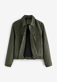 Olive green suede jacket with a classic collar, snap buttons, two chest pockets, and side pockets, featuring a black lining and tailored fit.