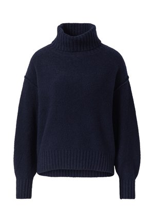 Navyblauwe trui met een hoge, geribbelde col, verlaagde schouders en een gestructureerde stof. Heeft een geribbelde zoom en brede mouwen.