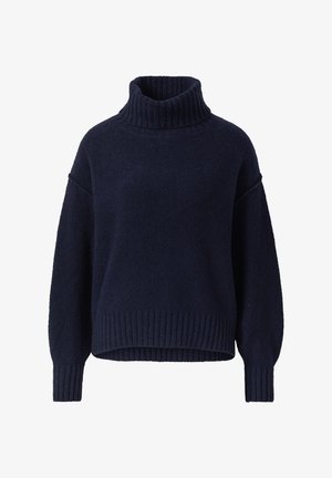 Navyblauer Pullover mit hohem, geripptem Rollkragen, überschnittenen Schultern und strukturiertem Stoff. Mit geripptem Saum und weiten Ärmeln.