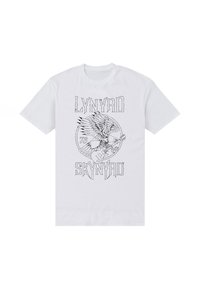 Bílý bavlněný tričko s černým grafickým potiskem orla s kytarou a textem "LYNYRD SKYNRYD 79" v kruhovém designu.