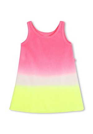 Robe sans manches en ligne A pour enfants avec un haut rose, un milieu blanc et un dégradé de couleurs jaune néon en bas, posée à plat sur un fond blanc.