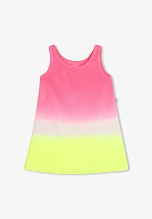 Mouwloze A-lijn jurk voor kinderen met een roze bovenstuk, wit middenstuk en neongele onderkant in een verloopkleur, plat neergelegd op een witte achtergrond.