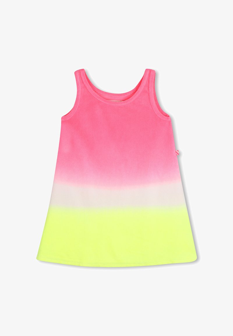 Robe sans manches en ligne A pour enfants avec un haut rose, un milieu blanc et un dégradé de couleurs jaune néon en bas, posée à plat sur un fond blanc.