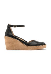 Scarpa con tacco a wedge in pelle nera, con punta aperta, cinturino alla caviglia e tacco in sughero naturale texturizzato. Presenta dettagli cuciti lungo il bordo.