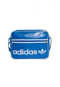 Blå syntetisk veske med hvite detaljer, med frontglidelåslomme og tydelig hvitt Adidas-logo. Inkluderer skulderstropp for enkel bæring.