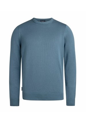 Pull bleu à manches longues avec col rond, poignets et ourlet côtelés, en tissu en maille fine, présenté sur un fond blanc.