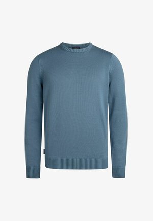 Pull bleu à manches longues avec col rond, poignets et ourlet côtelés, en tissu en maille fine, présenté sur un fond blanc.