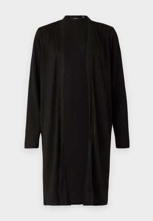 Cardigan lungo nero con apertura frontale, maniche lunghe e tessuto morbido. Presenta un design minimale senza motivi o dettagli metallici.