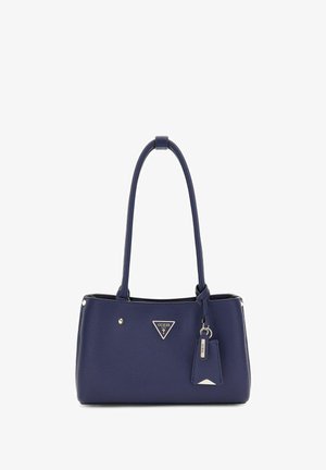 Sac à main en cuir marine avec deux poignées, logo frontal en triangle métallique, porte-clés décoratif et texture lisse. Accents en matériel doré.