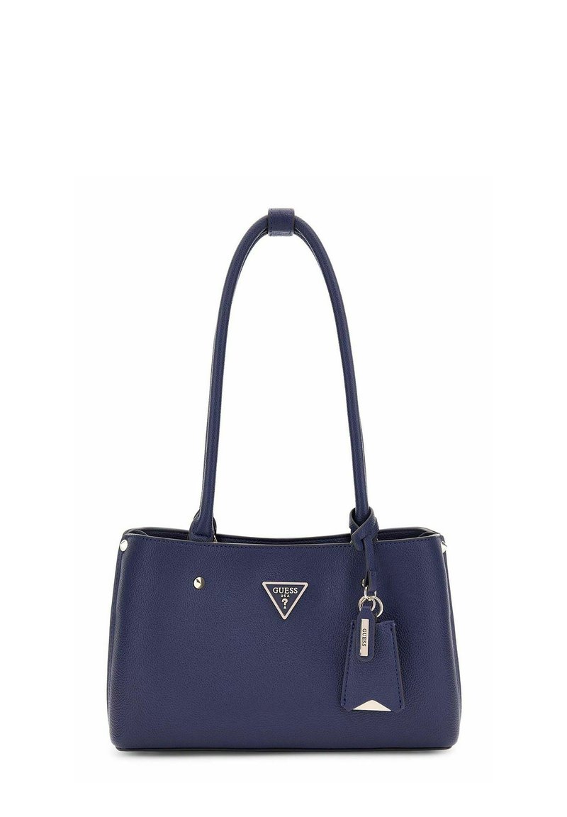 Sac à main en cuir marine avec deux poignées, logo frontal en triangle métallique, porte-clés décoratif et texture lisse. Accents en matériel doré.