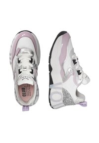 White and light purple sneakers with patent accents, textured gray and silver details, black outsole, prominent branding, and smooth finish.