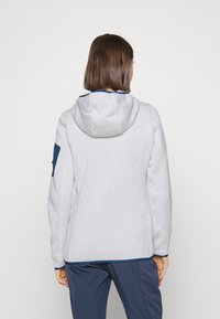 Gray hoodie with a fitted design, featuring a large hood, blue accents along the collar and cuffs, and textured fabric for warmth.