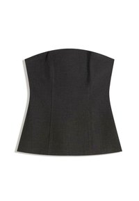 Coprente grigio scuro senza spalline con cuciture strutturate e bordo inferiore svasato, steso su uno sfondo bianco.
