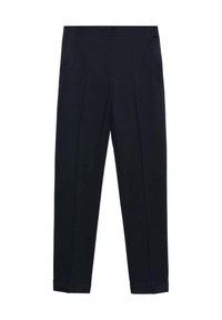 Pantalon bleu marine ajusté avec plis à l'avant, jambes droites, ceinture, poches latérales et ourlets retroussés.