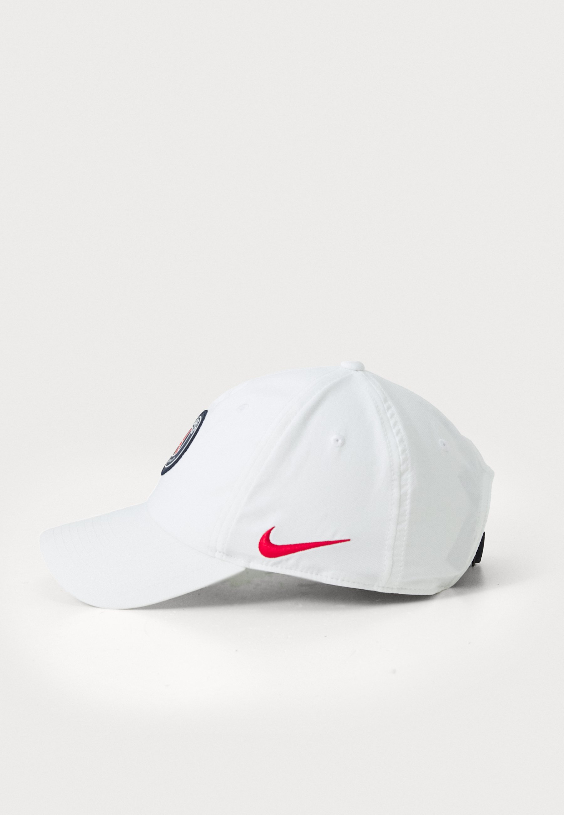 white nike hat with red swoosh