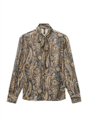 Braun-blau gemusterte Paisley-Bluse mit langen Ärmeln und Knoten am Hals, aus weichem, leichtem Stoff und mit durchgehender Knopfleiste.