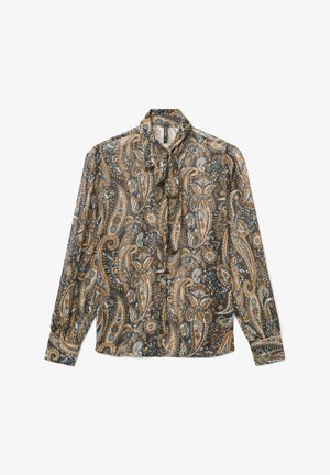 Braun-blau gemusterte Paisley-Bluse mit langen Ärmeln und Knoten am Hals, aus weichem, leichtem Stoff und mit durchgehender Knopfleiste.
