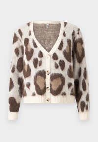 Cardigan van zachte brei met een v-hals, met bruine luipaardvlekken op een crèmekleurige achtergrond, en vijf knopen aan de voorkant.
