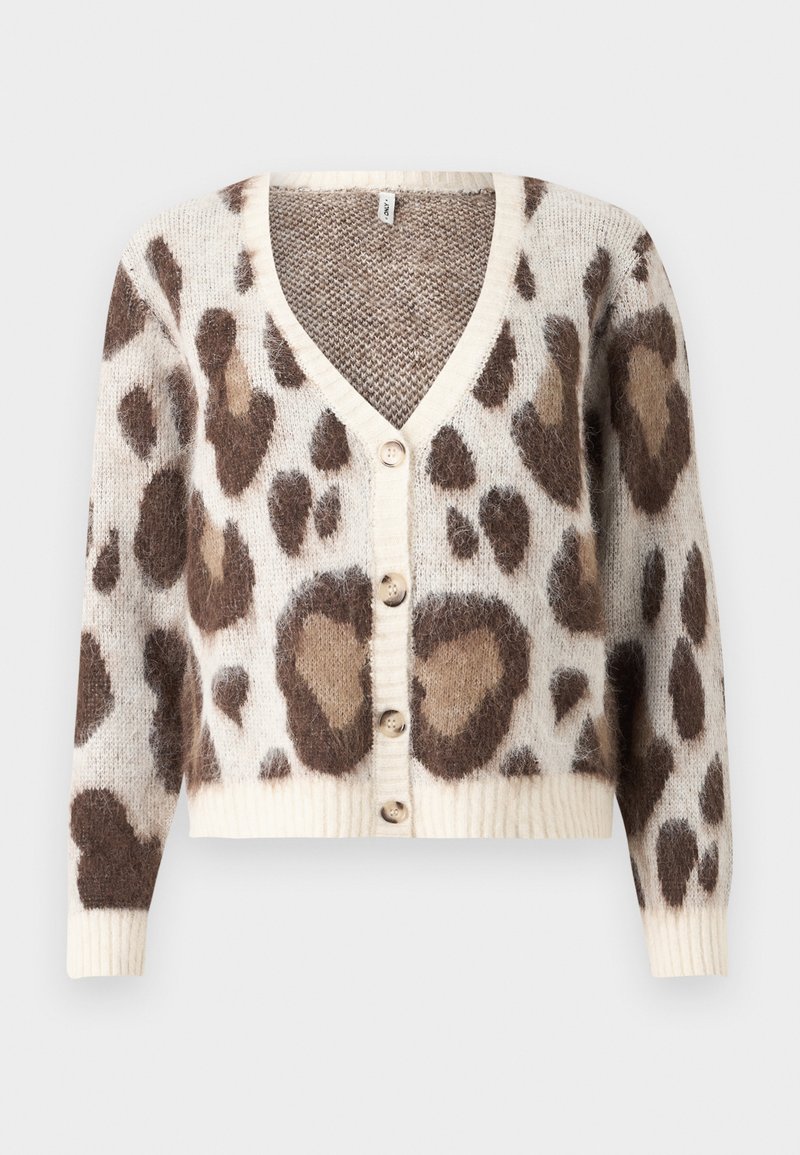 Cardigan z miękkiego dziewiarskiego materiału z dekoltem w serek, z brązowymi plamkami w leopardzie na kremowym tle, z pięcioma guzikami na przodzie.