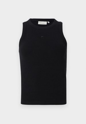 Débardeur noir sans manches en tissu côtelé, avec un col rond et un petit logo à l'avant. Design simple et ajusté.