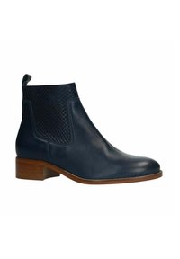 Navyblaue Leder-Stiefelette mit einem strukturierten Paneel und elastischen Seiten. Mit runder Zehenform und niedrigem Holzabsatz. Glatte Oberfläche, minimales Design.