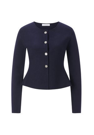 Marineblaue taillierte Jacke aus glattem Stoff mit langen Ärmeln, Rundhalsausschnitt und fünf dekorativen silbernen Knöpfen auf der Vorderseite.