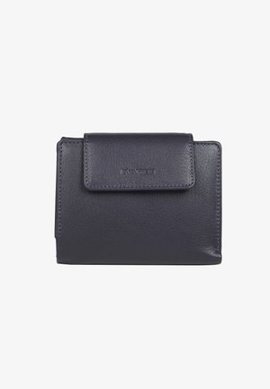 Granatowy skórzany portfel o gładkiej fakturze, prostokątnym kształcie, zamykany klapką na górze, z subtelnym brandingiem i detalami szycia.