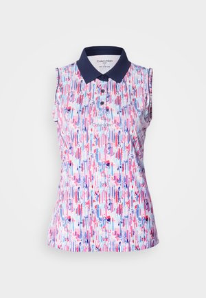 Polo de golf sans manches Calvin Klein avec col bleu marine et rayures verticales abstraites en rose, violet et bleu sur fond blanc.