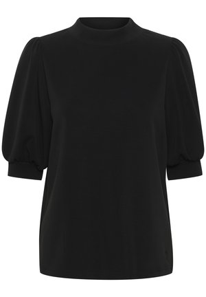 Black short-sleeve top with a high neck, featuring puffed sleeves and a smooth texture. No visible patterns or hardware.