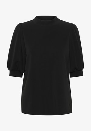 Black short-sleeve top with a high neck, featuring puffed sleeves and a smooth texture. No visible patterns or hardware.