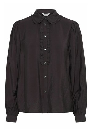 Juoda ilgomis rankovėmis bluzelė su raukšlėta apykakle, mygtukų priekyje ir minkšta tekstūra. Savybės: susiraukšlėtos rankovės ir laisvas siluetas.