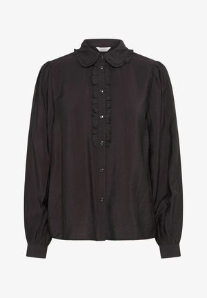 Juoda ilgomis rankovėmis bluzelė su raukšlėta apykakle, mygtukų priekyje ir minkšta tekstūra. Savybės: susiraukšlėtos rankovės ir laisvas siluetas.