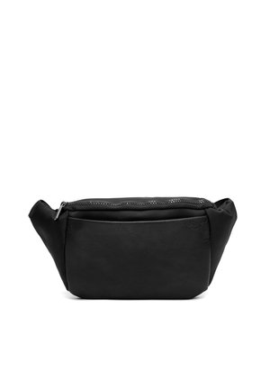 Riñonera negra con cremallera en la parte superior y un bolsillo delantero liso, diseñada para llevar las manos libres alrededor de la cintura o el pecho.